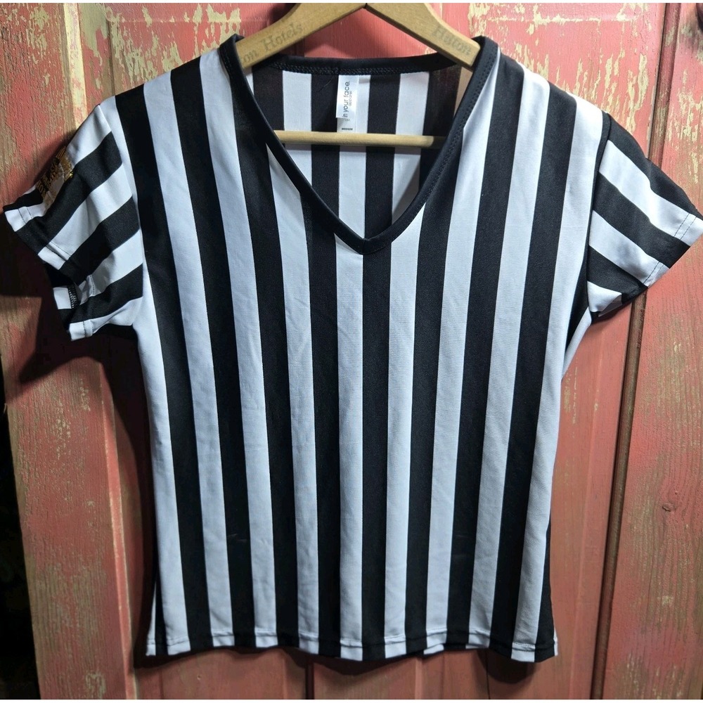 Jack Daniels Referee Shirt Womens M Black‎ White Stretchy Halloween Party Bar